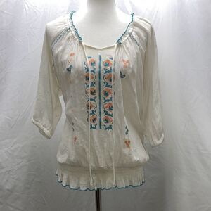 Wrangler peasant boho hippie shirt top turquoise tie neck Sz L